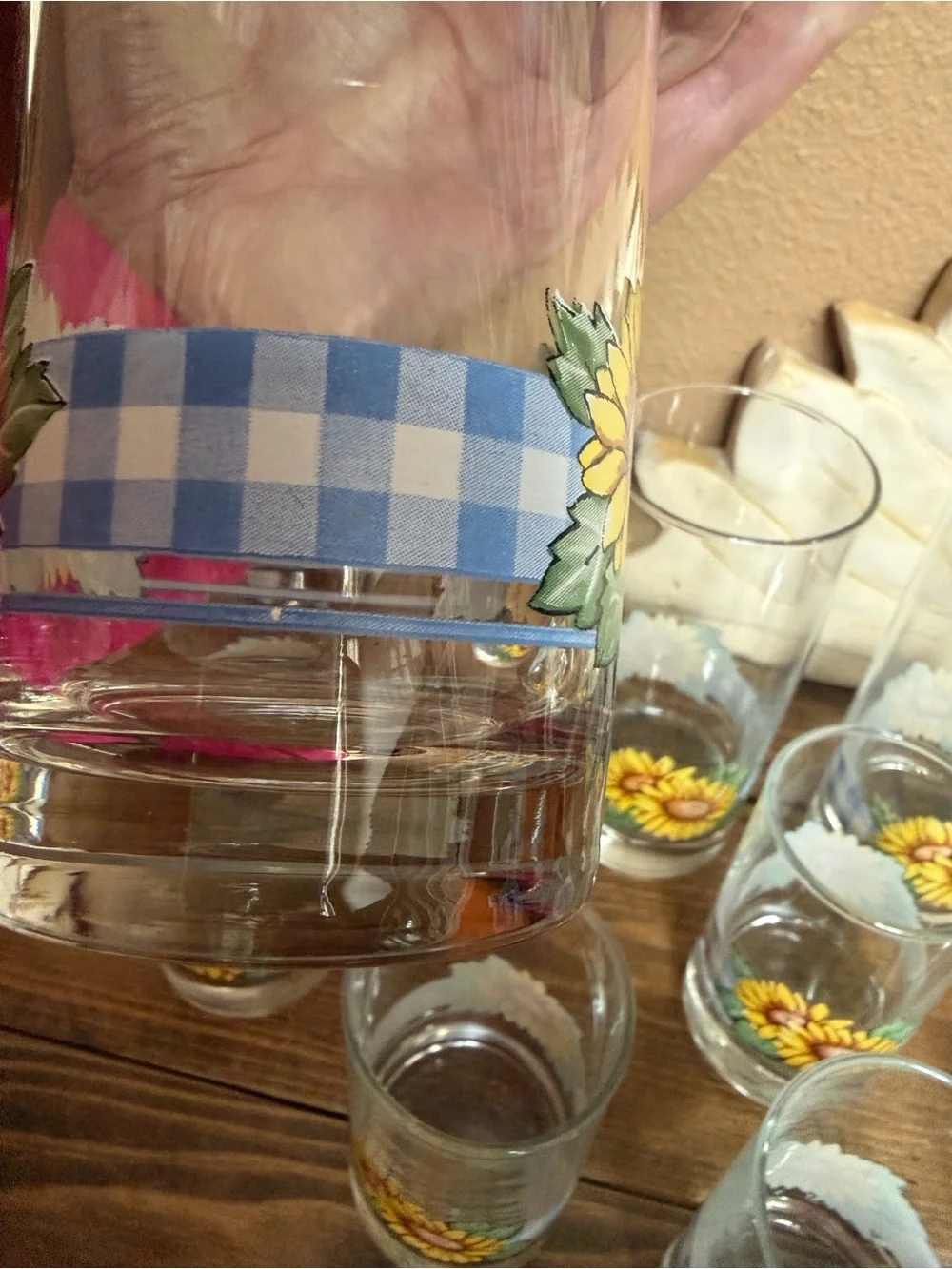 Corelle Vintage Sunflower Blue Plaid Print Drinking Glasses lot of 10!